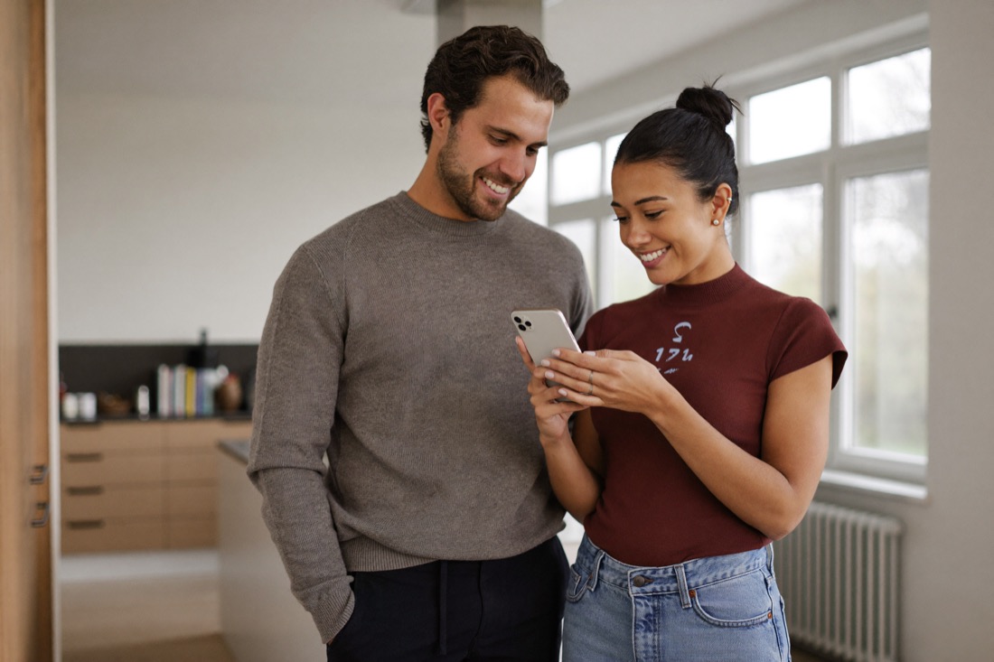 Stel bekijkt samen de energie-app in de keuken